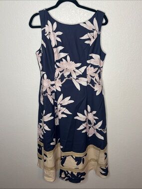Kay Unger Navy & Cream Color Block Floral Tea Length Dress Size 10 Event Wear